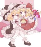  2girls ascot black_footwear black_headwear black_shirt black_skirt blonde_hair blush bobby_socks bow commentary_request crystal_wings fang flandre_scarlet frilled_ascot frilled_bow frilled_ribbon frilled_skirt frills full_body hat hat_bow hat_ribbon heart heart_pillow highres holding holding_leash kirisame_marisa kneeling leash marnie_(pokemon) mob_cap multiple_girls nagomi_(nagomi_12) open_mouth pillow puffy_short_sleeves puffy_sleeves red_eyes red_ribbon red_skirt red_vest ribbon shirt short_hair short_sleeves side_ponytail simple_background sitting skin_fang skirt smile socks touhou vest white_background white_bow white_headwear white_ribbon white_shirt white_socks witch_hat wrist_cuffs yellow_ascot yellow_eyes 