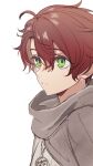  1boy ahoge androgynous character_request closed_mouth copyright_request from_side green_eyes grey_sweater hair_between_eyes highres male_focus portrait red_hair short_hair simple_background solo sweater white_background yonaga_tsuki25 