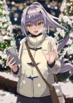  1girl black_skirt breasts cellphone christmas_tree fate/grand_order fate_(series) forked_eyebrows highres jacket ksfactory long_hair looking_at_viewer melusine_(fate) open_mouth phone ponytail sidelocks skirt small_breasts smile snowing solo white_hair white_jacket yellow_eyes 