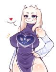 &lt;3 anthro big_breasts boss_monster bovid breasts caprine clothed clothing female fredek666 fur goat hand_on_hip hi_res horn mammal mature_female nipple_outline partially_clothed purple_clothing smile solo toriel undertale undertale_(series) white_body white_fur
