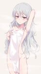  1girl arm_up armpits darker_than_black grey_hair hair_between_eyes highres light_blush long_hair looking_at_viewer naked_towel nonono_(mino) open_mouth purple_eyes simple_background solo standing towel wet white_background yin_(darker_than_black) 