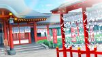  architecture banner blue_sky cloud day dutch_angle east_asian_architecture film_grain game_cg izumi_tsubasu lantern no_humans non-web_source official_art omikuji outdoors re:stage! scenery sign sky stairs stone_walkway 