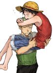  2boys black_eyes black_hair carrying carrying_person clinging green_hair hands_on_another&#039;s_head haramaki hat highres male_focus monkey_d._luffy multiple_boys nsozp one_armed_carry one_eye_closed one_piece roronoa_zoro scar scar_on_cheek scar_on_face short_hair sideburns simple_background straw_hat upper_body white_background 