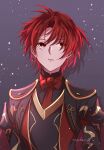  1boy alear_(fire_emblem) alear_(male)_(fire_emblem) cape fire_emblem fire_emblem_engage hair_between_eyes highres male_focus official_alternate_hair_color open_mouth red_eyes red_hair short_hair simple_background solo upper_body yutohiroya 