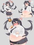 1girl absurdres arm_at_side arm_behind_back black_hair blush breasts burger commentary_request cropped_legs dot_nose drink drooling extra_mouth fat filia_(skullgirls) food grey_background hair_between_eyes hand_on_own_stomach highres holding holding_drink holding_food large_breasts living_hair long_hair long_sleeves long_tongue looking_at_viewer looking_to_the_side multiple_views navel necktie nimo_(b45ui) open_mouth parted_lips pleated_skirt pocket prehensile_hair puff_of_air red_eyes shirt simple_background skirt skullgirls sweat thick_thighs thighs tongue tongue_out weight_gain white_shirt wing_collar 