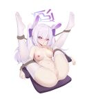  1girl absurdres animal_ears anus bound bound_arms bound_legs breasts copyright_request feet full_body halo heart heart-shaped_pupils highres lcy_bingzi long_hair lying medium_breasts navel nipples no_shoes nude on_back purple_eyes pussy rabbit_ears rope simple_background solo symbol-shaped_pupils thighhighs twintails uncensored white_background white_hair white_thighhighs 