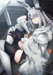  1girl animal_ear_fluff animal_ears arknights black_gloves black_skirt black_thighhighs cape couch ear_ornament eyes_visible_through_hair frostnova_(arknights) gloves grey_hair grey_scarf hair_ornament hair_over_one_eye hairclip highres hood hood_down hooded_cape indoors long_hair looking_at_viewer on_couch rabbit_ears rabbit_girl scar scar_on_face scar_on_nose scarf sitting skirt solo solo_focus table thighhighs white_cape yuki_kawachi 