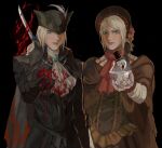  2girls ascot black_background black_gloves black_headwear blood blood_on_clothes bloodborne brown_cape brown_headwear cape closed_mouth cowboy_shot doll_joints gloves grey_ascot grey_hair hat hat_feather heart highres holding holding_heart joints lady_maria_of_the_astral_clocktower messengers_(bloodborne) multiple_girls parted_bangs plain_doll red_ascot red_headwear short_hair sword top_hat torn_cape torn_clothes tricorne weapon yujia0412 