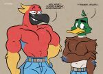 anatid anseriform anthro avian bird bottomwear clothed clothing compliment delroy_(migration) denim denim_bottomwear denim_clothing duck duo hi_res jeans mack_mallard_(migration) male migration_(movie) pants parrot tadaoardo topless