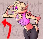 ambiguous_gender anthro arm_tattoo bluddly bluddly_(character) bracelet canid canine clothing fox fur hi_res jewelry mammal pink_eyes red_arrow solo sweatpants tan_body tan_fur tattoo text text_on_clothing text_on_topwear tongue tongue_out topwear wide_hips
