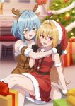  2girls absurdres ahoge bare_shoulders blonde_hair blue_hair blush christmas green_eyes hat highres hikikomari_kyuuketsuki_no_monmon long_hair looking_at_another multiple_girls official_art open_mouth red_eyes santa_hat terakomari_gandezblood vampire villhaze yuri 