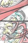  aqua_eyes aqua_hair battle blonde_hair comic dodging doku_corne flandre_scarlet frown hat highres komeiji_koishi multiple_girls red_eyes shaded_face silent_comic speed_lines touhou uneven_eyes 