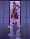  1girl animal_ears bare_legs cherry_blossom_print detached_sleeves different_shadow earrings floppy_ears floral_print full_body genshin_impact glowing glowing_eyes hair_ornament highres jewelry long_hair looking_at_viewer nontraditional_miko petals pink_hair reflective_floor shouji signature sliding_doors solo vonnabeee wide_sleeves wooden_floor yae_miko 