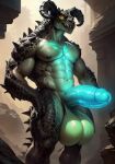 anthro balls bethesda_softworks big_balls big_penis deathclaw fallout genitals glowing glowing_genitalia glowing_penis hi_res male muscular muscular_anthro penis scales scalie solo spikes spikes_(anatomy) unknown_artist