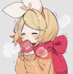  1girl blonde_hair blush bow breath closed_eyes coat hair_bow hair_ornament hairclip hands_up kagamine_rin long_sleeves mittens open_mouth runny_nose sazanami_(ripple1996) scarf scarf_bow short_hair snot solo trembling upper_body vocaloid 