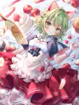  1girl absurdres animal_ears apple apple_peel bitten_apple blush bow braid breasts cake capelet character_name cleavage dress fake_animal_ears food food_bite fork frilled_shirt_collar frills fruit glint green_eyes green_hair gumi hair_bow hair_ornament heart highres layered_dress looking_at_viewer lying nasu8601 on_back parted_lips plate short_hair solo strawberry sweets tart_(food) underbust vocaloid wrist_cuffs 