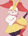  1girl :3 animal_ear_fluff animal_ears animal_nose black_fur blush body_fur braixen commentary_request cowboy_shot cropped_legs fang flat_chest fox_ears fox_girl fox_tail furry furry_female half-closed_eyes happy heart highres looking_at_viewer multicolored_fur neck_fur open_mouth pokemon pokemon_(creature) red_background red_eyes sakuyan_(sakuyan1007) simple_background skin_fang smile snout solo standing stick tail thick_thighs thighs white_fur wide_hips yellow_fur 