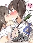  2girls akagi_(kantai_collection) arrow bad_id bad_pixiv_id blush brown_eyes brown_hair closed_eyes comic hand_on_another's_shoulder heart japanese_clothes kaga_(kantai_collection) kantai_collection kiss knbilove long_hair multiple_girls muneate side_ponytail wide-eyed yuri 