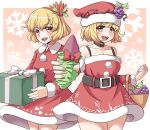  2girls aki_minoriko aki_shizuha apple blonde_hair border bow christmas_present dress falling_leaves food fruit fruit_basket gift grapes hat highres holding leaf leaf_background looking_at_viewer multiple_girls orange_background orange_eyes pear praeto red_bow red_dress red_headwear santa_dress santa_hat smile snowflake_background touhou white_border 