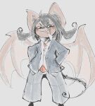 aged_up anthro bat black_hair blush bottomwear brown_body brown_fur clothed clothing doneru dress_shirt fangs fur hair hands_in_both_pockets jacket kazune_(doneru) looking_at_viewer looking_down male_(lore) mammal pants shirt sketch smile solo tail teenager teeth topwear wings young