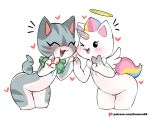 &lt;3 angel anthro blush bow_tie claws countershading domestic_cat duo english_text equid equine eyes_closed fangs felid feline felis fur gesture grey_body grey_fur hair halo hand_holding hanuvo hi_res horn hybrid looking_at_viewer lost_ark mammal multicolored_body multicolored_fur multicolored_hair multicolored_horn multicolored_tail one_eye_closed patreon pawpads paws rainbow_body rainbow_fur rainbow_hair rainbow_horn rainbow_tail simple_background smile striped_body striped_fur stripes tail teeth text unicorn v_sign white_background white_body white_fur wings wink