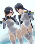 2girls against_glass athletic_leotard beleven black_hair black_jacket breasts brown_eyes commentary_request dutch_angle emperor_penguin_(kemono_friends) front_zipper hair_over_one_eye headphones highleg highleg_leotard highres jacket kemono_friends king_penguin_(kemono_friends) large_breasts leotard long_hair looking_at_viewer multicolored_hair multiple_girls penguin_girl print_hood standing streaked_hair thighhighs white_leotard white_thighhighs zipper_legwear 