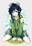  1boy :p absurdres aqua_eyes artist_name black_hair blue_hair braid flower genshin_impact gradient_hair grass green_hairband green_hoodie green_shorts hairband highres hood hoodie horizontal_pupils lkari_shi long_sleeves looking_at_viewer male_focus multicolored_hair on_grass otoko_no_ko russian_text shoes shorts smile solo spread_legs tongue tongue_out twin_braids twitter_username venti_(genshin_impact) 