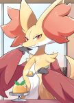 ambiguous_gender anthro big_ears chair delphox dessert eating eating_food food fur furniture generation_6_pokemon inner_ear_fluff komanyachi looking_at_viewer multicolored_body multicolored_fur nintendo on_chair pokemon pokemon_(species) pudding red_body red_eyes red_fur sitting sitting_on_chair solo tuft white_body white_fur yellow_body yellow_fur