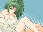  1girl blue_background breasts cleavage closed_mouth commentary_request earrings green_eyes green_hair jewelry large_breasts long_sleeves off-shoulder_sweater off_shoulder ponytail rao_ruki solo sonika star_(symbol) star_earrings sweater thighs vocaloid 