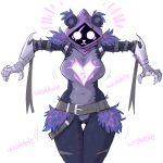 absurd_res anthro armor bear big_breasts breasts clothed clothing epic_games eye_scar facial_scar female fortnite front_view gauntlets gloves handwear hi_res hood kapri mammal purple_eyes raven_team_leader scar simple_background solo standing strip_game twitter