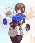  ... 1girl absurdres aile_(mega_man_zx) black_bodysuit blue_jacket blush_stickers bodysuit breasts brown_hair bubble_tea cheesecake food gd._fengzi green_eyes highres jacket mega_man_(series) mega_man_zx model_x_(mega_man) model_z_(mega_man) muffin short_hair shorts small_breasts speech_bubble white_shorts 