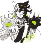  1boy animal_ears animal_hands ashiya_douman_(fate) asymmetrical_hair cat_boy cat_ears cat_paws cropped_torso curly_hair earrings fate/grand_order fate_(series) fingernails greyscale hair_between_eyes haruhina highres jewelry kemonomimi_mode licking_lips long_hair looking_at_viewer magatama magatama_earrings male_focus monochrome multicolored_hair partially_colored sharp_fingernails solo split-color_hair spot_color toned toned_male tongue tongue_out two-tone_hair very_long_hair 