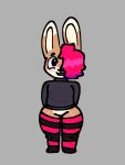 anthro blush brown_body clothing grey_background hair hi_res lagomorph leporid long_socks male mammal rabbit red_hair simple_background simple_face solo sweater thick_thighs topwear victini_(vic_blyat) victini_bnuuy