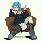  1girl artist_name bare_shoulders blue_dress blue_hair boots couch dress highres looking_at_viewer on_couch ramona_flowers scott_pilgrim_(series) short_hair sitting skull smoking solo white_background yuyu_uu27 