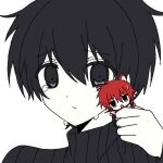  2boys alternate_size animal_ears black_eyes black_hair black_sweater braid cat_boy cat_ears crying crying_with_eyes_open frown grey_background looking_at_viewer maeno_aki mini_person miniboy multiple_boys open_mouth pale_skin red_eyes red_hair short_hair simple_background sweater tears tsugino_haru turtleneck turtleneck_sweater world_execute zeno_(game) 
