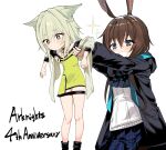  2girls absurdres aged_down amiya_(arknights) animal_ears arknights ascot blue_eyes brown_hair cat_ears choker dress english_text green_dress green_eyes green_hair hair_between_eyes hair_intakes highres hood hood_down hooded_jacket jacket jewelry kal&#039;tsit_(arknights) kinbakuman lifting_person long_sleeves multiple_girls multiple_rings open_clothes open_jacket open_mouth pleated_skirt rabbit_ears ring skirt smile sparkle white_background 