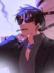  1boy black_hair cigarette commentary goatee_stubble holding jacket looking_down looking_to_the_side male_focus nicholas_d._wolfwood purple_lightning raine_(acke2445) shirt short_hair sideburns_stubble solo sunglasses trigun trigun_stampede upper_body 