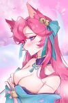 1girl absurdres ahri_(league_of_legends) animal_ears bare_shoulders bell blush bow breasts cleavage closed_mouth fox_ears fox_girl from_side green_bow green_ribbon hair_bell hair_between_eyes hair_bow hair_ornament hand_up highres large_breasts league_of_legends long_hair neck_ribbon petals pink_background pink_hair ribbon solo spirit_blossom_ahri xi_ye_(xiyexiexie) 