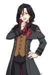  1boy black_coat black_hair black_pants brown_eyes brown_vest coat hand_on_own_hip hand_up highres long_hair long_sleeves looking_at_viewer male_focus monocle muu_(mumumer) nijisanji open_clothes open_coat pants shellin_burgundy shellin_burgundy_(1st_costume) shirt simple_background smile solo vest virtual_youtuber white_background white_shirt 