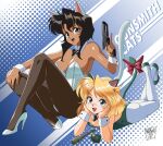  1990s_(style) 2girls armpits black_hair black_pantyhose blonde_hair blue_eyes bow breasts copyright_name cz_75 danmakuman dark-skinned_female dark_skin explosive green_leotard grenade gun gunsmith_cats handgun leotard lying m26_grenade minnie_may_hopkins multiple_girls on_stomach pantyhose playboy_bunny rally_vincent red_bow retro_artstyle stielhandgranate weapon white_leotard white_pantyhose 