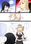  2girls :d black_hair blonde_hair cheek_poking comic female_admiral_(kantai_collection) hair_ornament hairclip highres kantai_collection military military_uniform multiple_girls naval_uniform niwatazumi no_hat no_headwear o_o open_mouth pleated_skirt poking red_eyes remodel_(kantai_collection) school_uniform serafuku skirt smile tatebayashi_sakurako translated uniform yuudachi_(kantai_collection) 