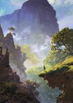  1boy above_clouds artist_name artstation_username cliff cloud commentary day english_commentary grass highres landscape mountain original outdoors scenery simple_bird solo sylvain_sarrailh tree very_wide_shot 