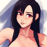  1girl black_hair blue_background blush breasts brown_eyes collarbone final_fantasy final_fantasy_vii highres large_breasts light_smile long_hair looking_at_viewer parted_lips portrait raichiyo33 red_eyes simple_background smile solo suspenders tifa_lockhart upper_body 