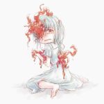  1girl barefoot commentary_request crying crying_with_eyes_open dated_commentary dress flesh full_body grey_dress grey_hair hand_up looking_at_viewer looking_back lowres mutation one_side_up original rakuni red_eyes sitting solo tears tentacles wariza white_dress 