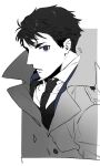  1boy black_hair black_vest blue_eyes blue_jacket coat collared_shirt expressionless grey_coat jacket joker_game lapels looking_at_viewer male_focus monochrome necktie parted_lips portrait profile sakuma_(joker_game) shi646 shirt short_hair solo spot_color unfinished vest waistcoat white_shirt 