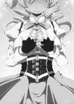  corset doujinshi drill_hair fingerless_gloves gloves greyscale hands_on_own_chest head_out_of_frame highres mahou_shoujo_madoka_magica monochrome scan shino_(ponjiyuusu) smile solo tomoe_mami twin_drills twintails 