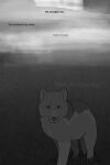 2014 ambiguous_gender black_text bluekyokitty canid canine canis comic digital_drawing_(artwork) digital_media_(artwork) digitigrade english_text feral fog fur grass grey_text greyscale hi_res looking_at_viewer mammal markings monochrome plant sebdoggo snout solo standing text wolf
