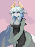 anthro apron apron_only black_sclera blue_hair blush clothing female fluffy fluffy_raptor_postal_service fur grey_body grey_fur hair horn laverne_3r momos_auntie purple_eyes seductive solo spiral_horn sultry_gaze tail tail_tuft tuft