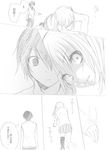  1girl close-up comic face from_behind greyscale hair_between_eyes hatsune_miku kurosu_(nyakelap) monochrome nyakelap original pleated_skirt rolling_girl_(vocaloid) school_uniform skirt surprised twintails upper_body vocaloid wide-eyed 