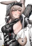  1girl absurdres arknights arknights:_endfield armpits black_hairband blush breasts brown_hair detached_sleeves gradient_background grey_background grey_eyes hairband highres large_breasts looking_at_viewer open_mouth short_hair solo tab_head tail 